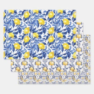 Blue Watercolor Lemon Pattern  Wrapping Paper Sheet