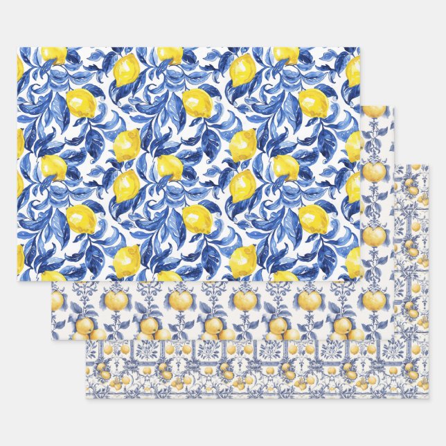 Blue Watercolor Lemon Pattern  Wrapping Paper Sheet (Set)