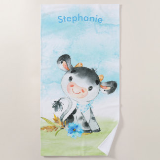 Blue Watercolor Little Cow Beach Towel