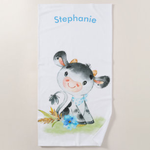 Blue Watercolor Little Cow Beach Towel