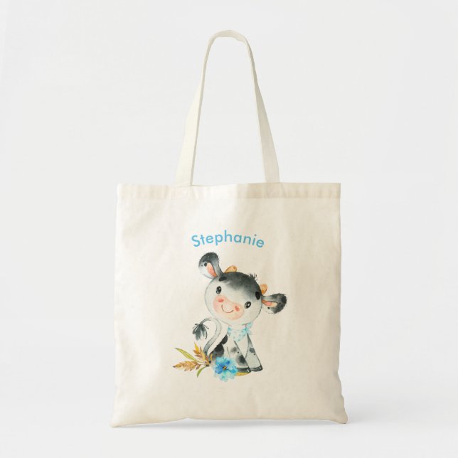 Blue Watercolor Little Cow Tote Bag (Front)