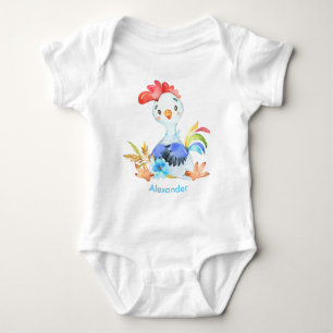 Blue Watercolor Little Rooster Baby Bodysuit