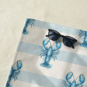 Blue Watercolor Lobster Pattern on Coastal Stripe Beach Towel