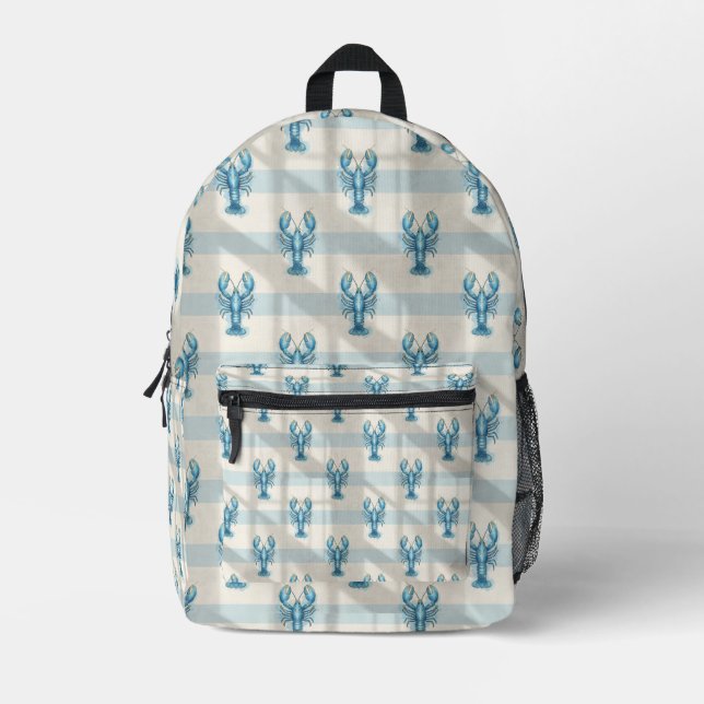 Blue Watercolor Lobster Pattern on Coastal Stripe Printed Backpack (Front)
