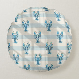 Blue Watercolor Lobster Pattern on Coastal Stripe Round Cushion
