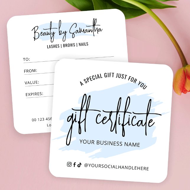 Blue Watercolor Logo Trendy Business Gift Card (Light blue watercolor business gift cards with fully customizable colors and text)