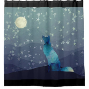 Blue Watercolor Look Wolf Staring at Moon Shower Curtain