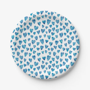 Blue Watercolor Love Heart Pattern Paper Plate