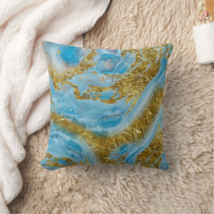 Blue Watercolor Marble & Gold Foil  Cushion