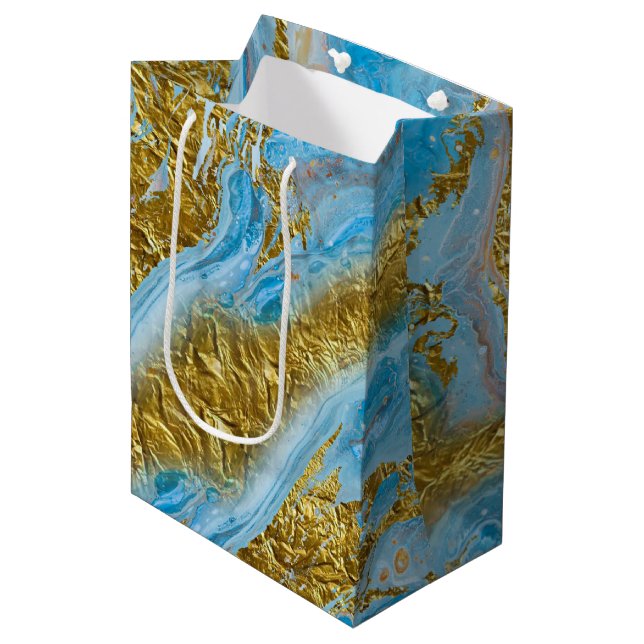 Blue Watercolor Marble & Gold Foil Medium Gift Bag (Front Angled)