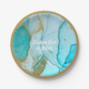 Blue Watercolor Marble Gold Glitter Personalised  Paper Plate