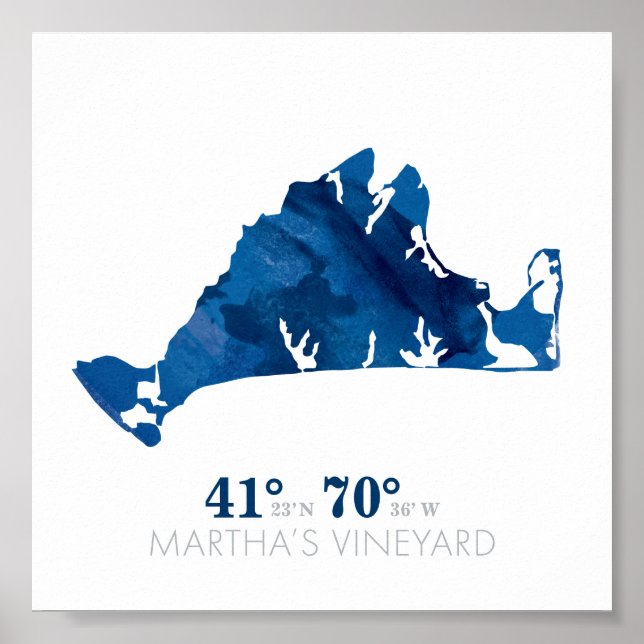 Blue Watercolor Martha's Vineyard Coordinates Poster (Front)