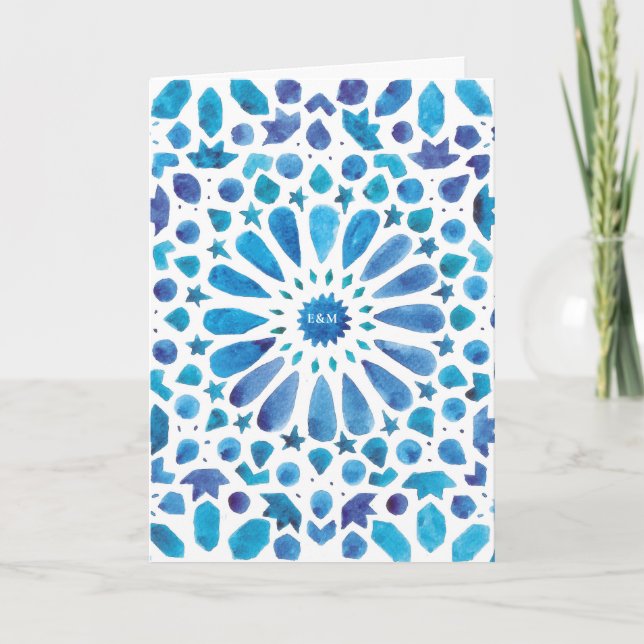 Blue Watercolor Meditteranean Tile Pattern Folded Program (Front)