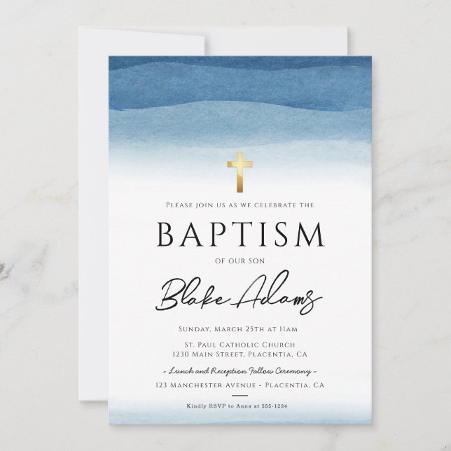 Blue Watercolor Minimalist Boy Baptism Invitation (Front)