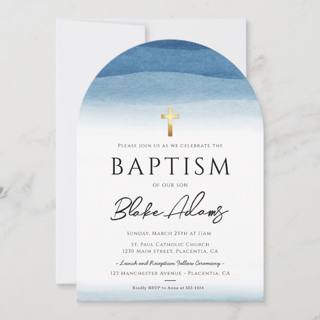 Blue Watercolor Minimalist Boy Baptism Invitation (Front)