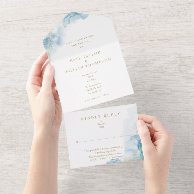 Blue Watercolor Modern Gold Wedding All In One Invitation (Tearaway)