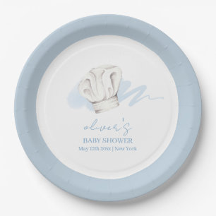 Blue Watercolor Modern Little Chef Baby Shower Paper Plate
