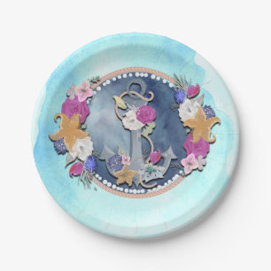 Blue Watercolor Modern Nautical Floral Anchor Paper Plate