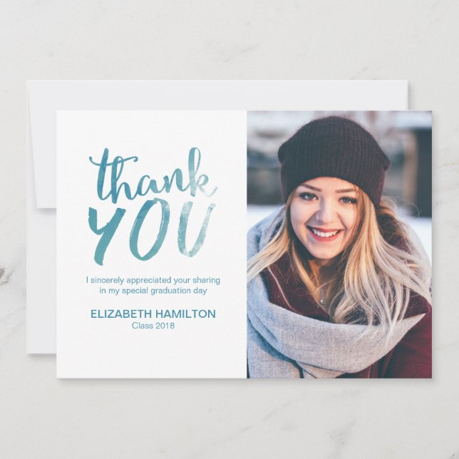 Blue Watercolor Modern Script Grad Thank You Photo Card (Front)