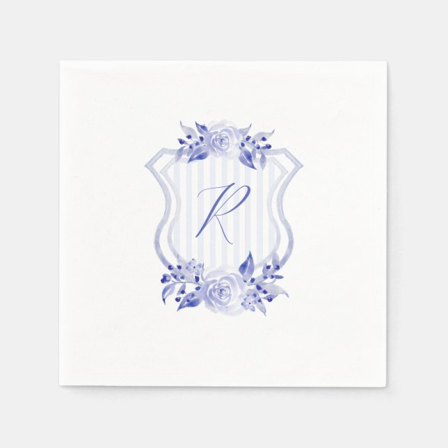 Blue Watercolor Monogram Floral Napkins (Front)