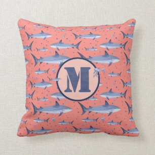 Blue Watercolor Monogram Shark Jellyfish on Coral Cushion