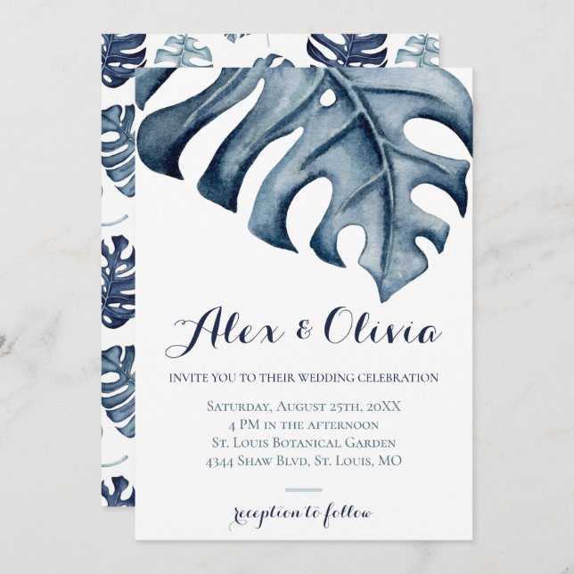 Blue Watercolor Monstera Leaves Wedding Invitation (Front/Back)