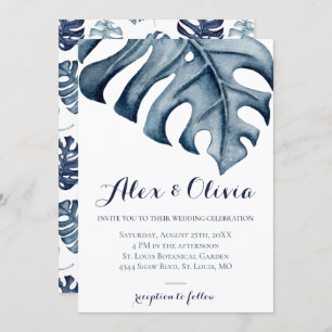 Blue Watercolor Monstera Leaves Wedding Invitation