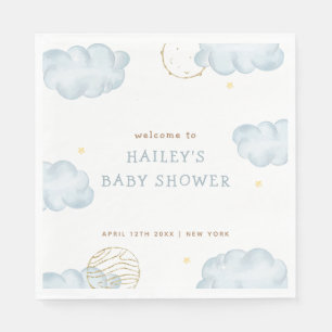 Blue Watercolor Moon Star Cloud Boy Baby Shower Napkin