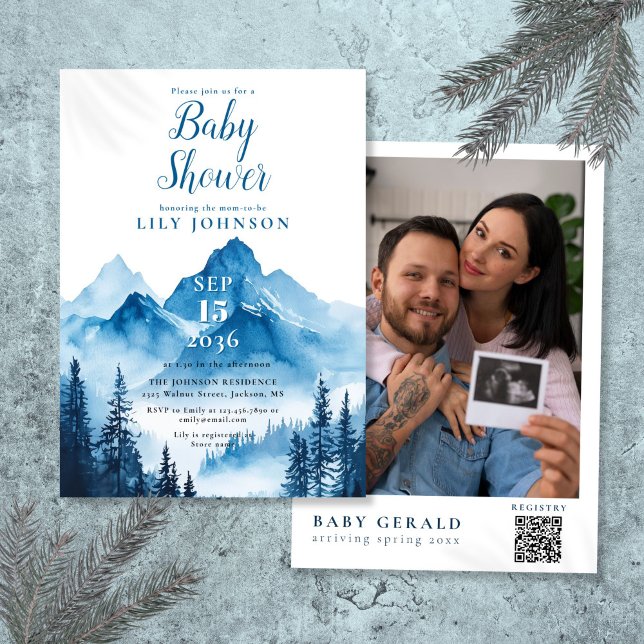 Blue Watercolor Mountain Baby Shower Photo QR Code Invitation (Blue Watercolor Mountain Baby Shower Photo QR Code Invitation)