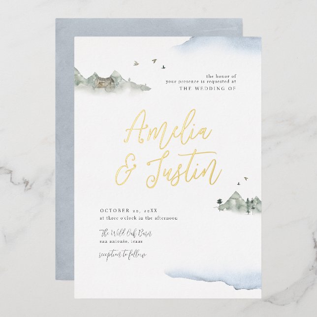 Blue Watercolor Mountain Destination Wedding (Front/Back)