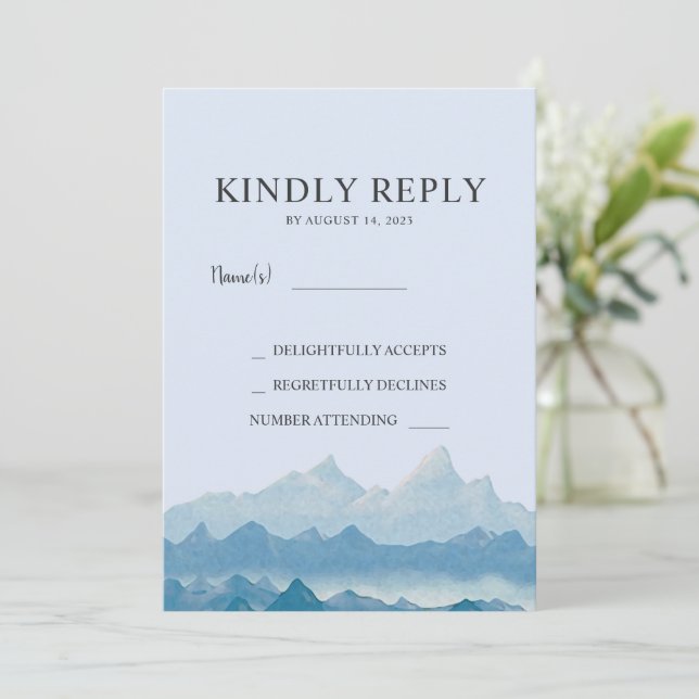 Blue watercolor mountain range wedding RSVP Invitation (Standing Front)