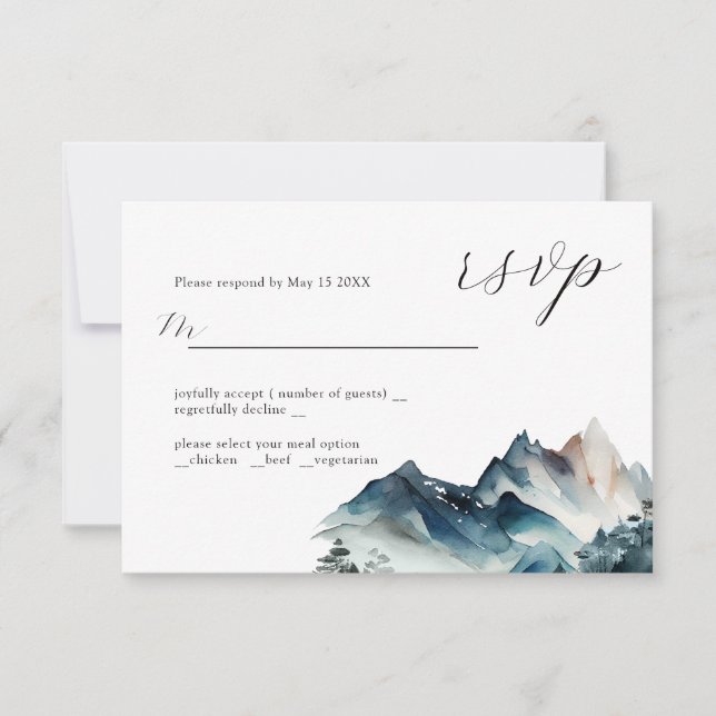 Blue Watercolor Mountain Wedding Design RSVP Card (Front)