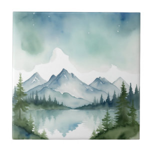 Blue Watercolor Mountains and Green Pine Tree Ceramic Tile