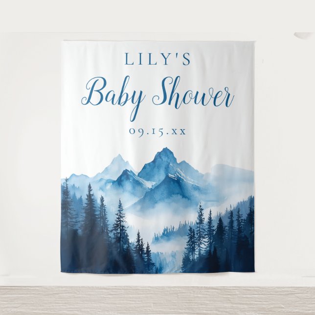 Blue Watercolor Mountains Baby Shower Backdrop Tapestry (Front)
