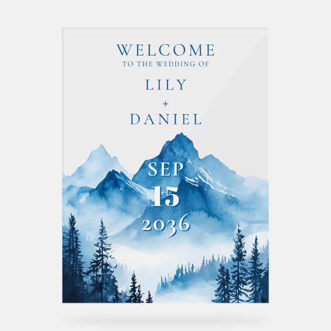 Blue Watercolor Mountains Wedding Welcome Acrylic Sign (Front)