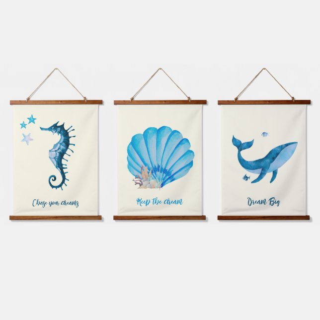 Blue Watercolor Nautic Collection Hanging Tapestry (Triple)