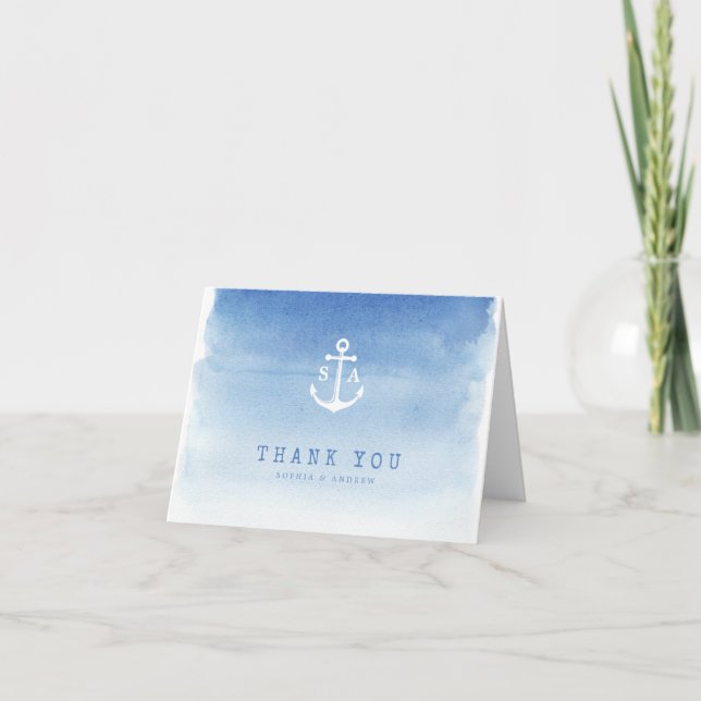 Blue watercolor nautical anchor monogram thank you card (Front)