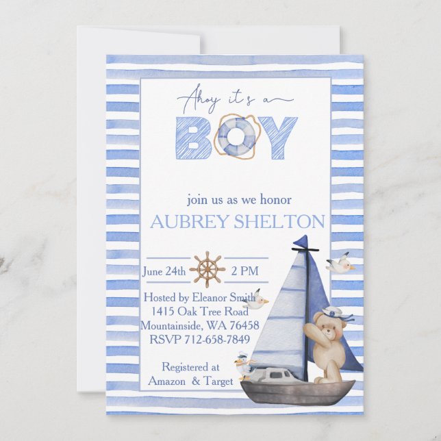 Blue watercolor nautical bear sailboat baby shower invitation (Front)