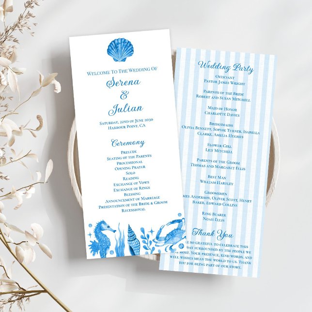 Blue Watercolor Nautical Coastal Stripe Wedding Program (Blue Watercolor Nautical Coastal Stripe Wedding Program)