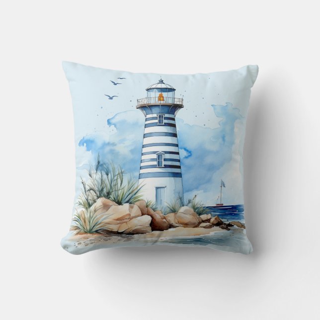 Blue Watercolor Nautical Lighthouse Throw Pillow (Front)