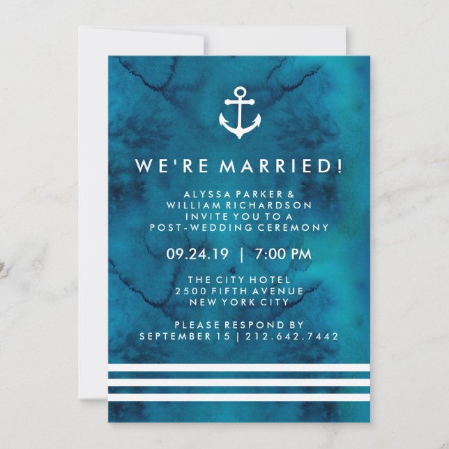 Blue Watercolor Nautical Post Wedding Ceremony Invitation (Front)