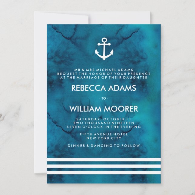 Blue Watercolor Nautical Wedding Invitation (Front)