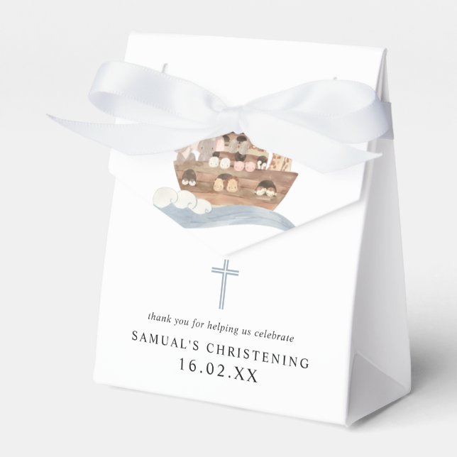 Blue Watercolor Noah's Ark Boy Christening  Favour Box (Front Side)
