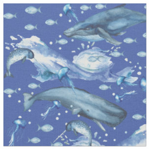 Blue Watercolor Ocean Marine Life Pattern Fabric