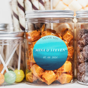 Blue watercolor ocean summer wedding classic round sticker