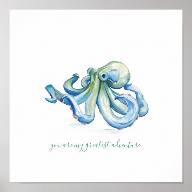 Blue Watercolor Octopus Art Poster (Front)