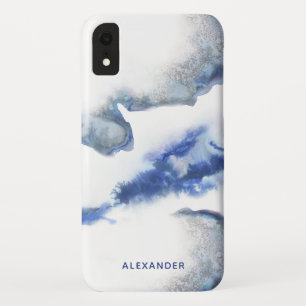 Blue Watercolor Ombre Marble Monogram iPhone XR Case