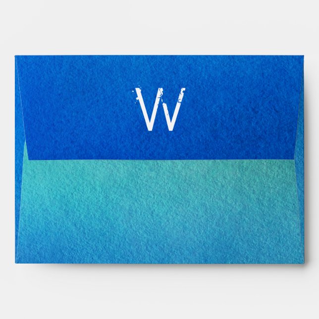 Blue Watercolor Ombre Monogram Envelopes (Back (Top Flap))