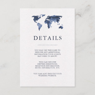 Blue Watercolor on White World Map Guest Details Enclosure Card