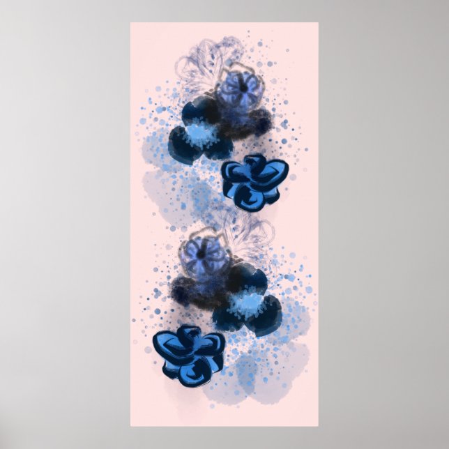Blue Watercolor Original Oriental Flowers Painting Poster (Front)